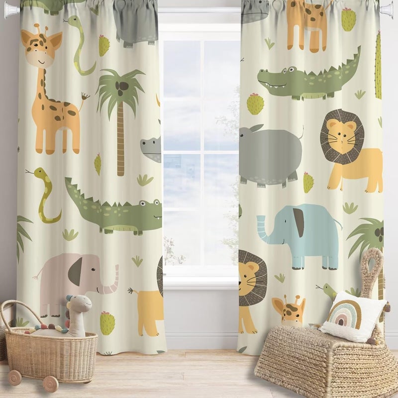 Cartoon Blackout Curtains Cute Jungle Forest Animals Tree Colorful Kids Baby Bedroom Nursery Living Room Decor Rod Pocket 2 Panels 42x45in